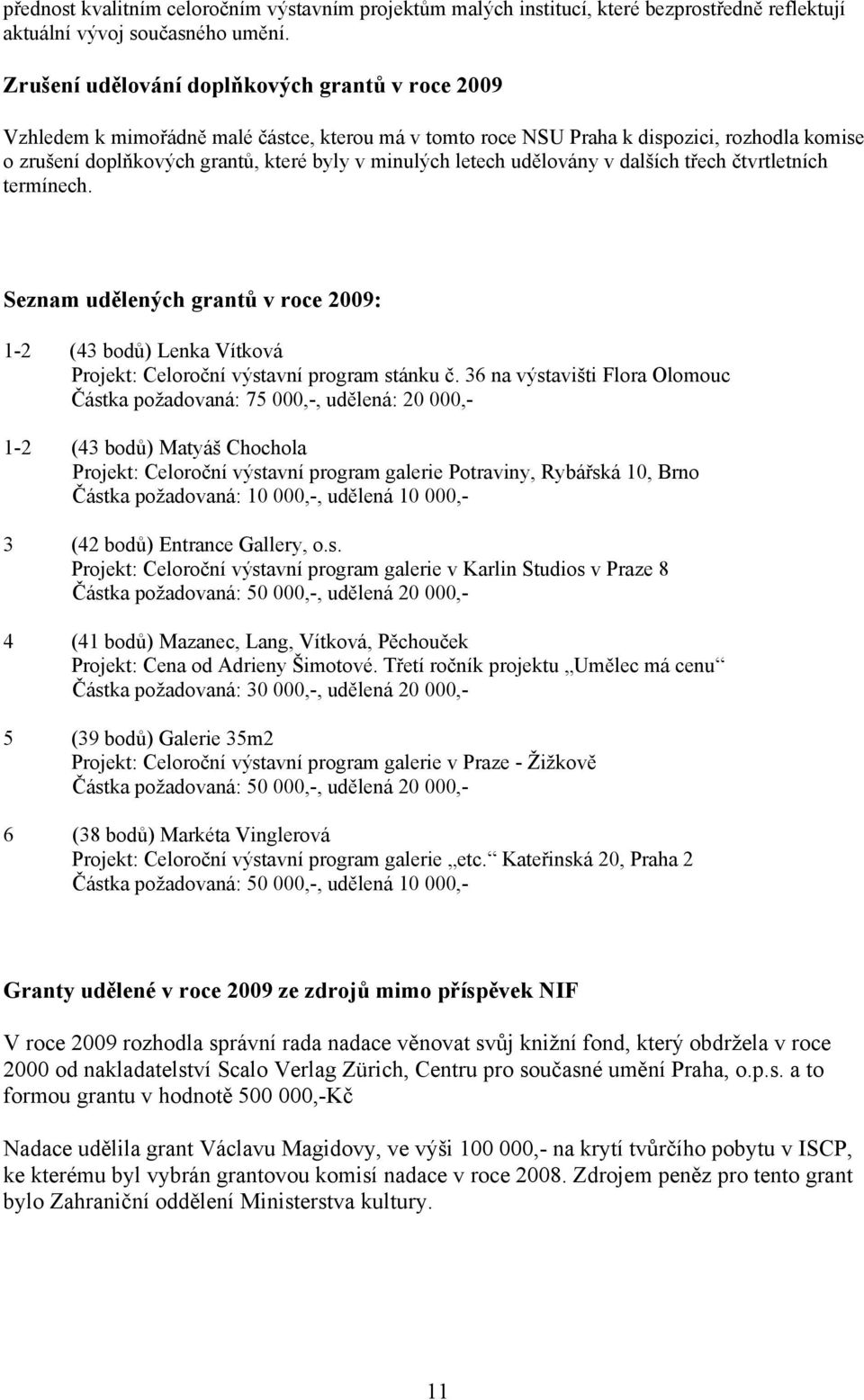 letech udělovány v dalších třech čtvrtletních termínech. Seznam udělených grantů v roce 2009: 1-2 (43 bodů) Lenka Vítková Projekt: Celoroční výstavní program stánku č.