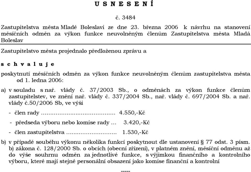 města od 1. ledna 2006: a) v souladu s nař. vlády č. 37/2003 Sb., o odměnách za výkon funkce členům zastupitelstev, ve znění nař. vlády č. 337/2004 Sb., nař. vlády č. 697/2004 Sb. a nař. vlády č.50/2006 Sb, ve výši - člen rady.