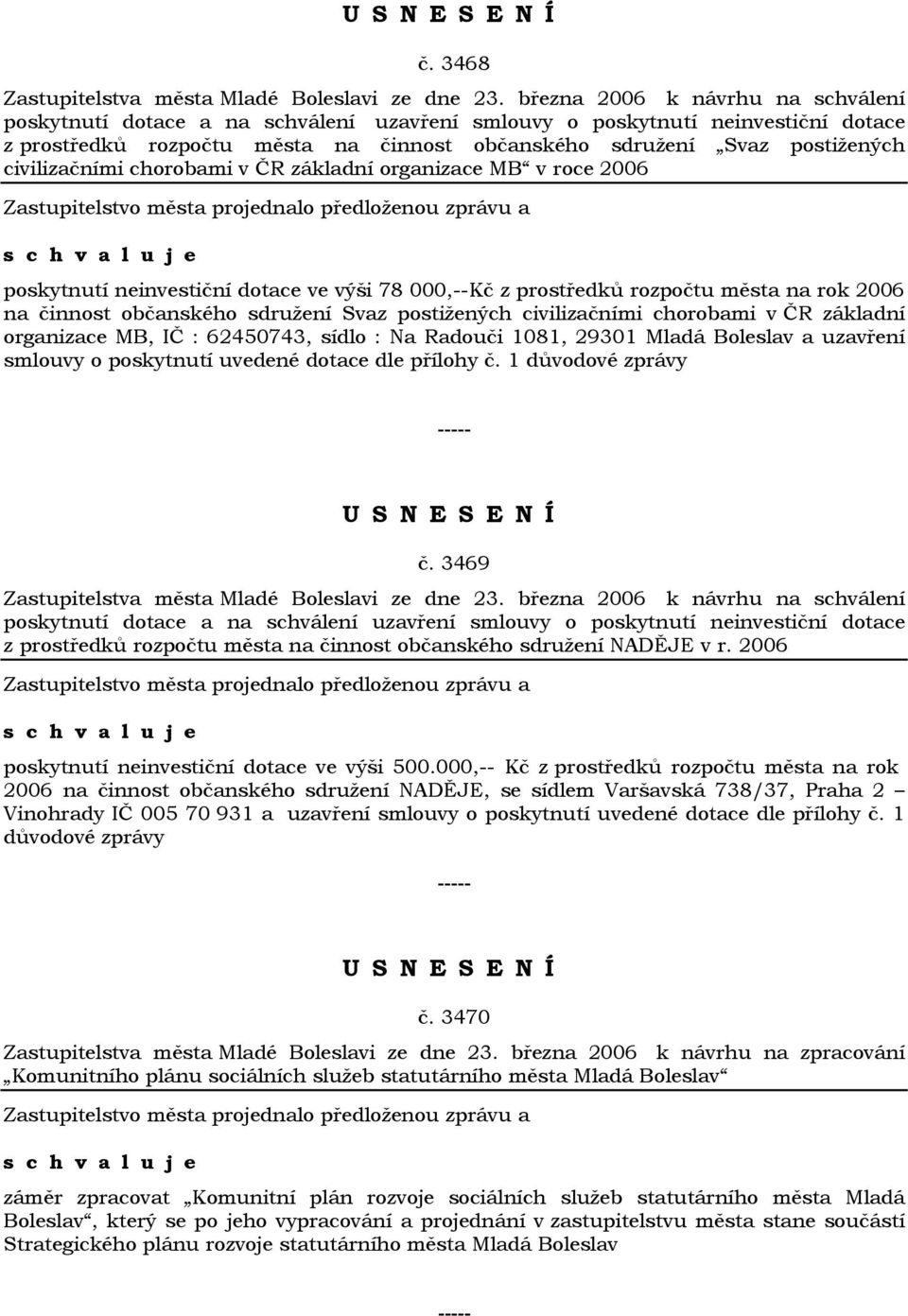 civilizačními chorobami v ČR základní organizace MB v roce 2006 poskytnutí neinvestiční dotace ve výši 78 000,--Kč z prostředků rozpočtu města na rok 2006 na činnost občanského sdružení Svaz