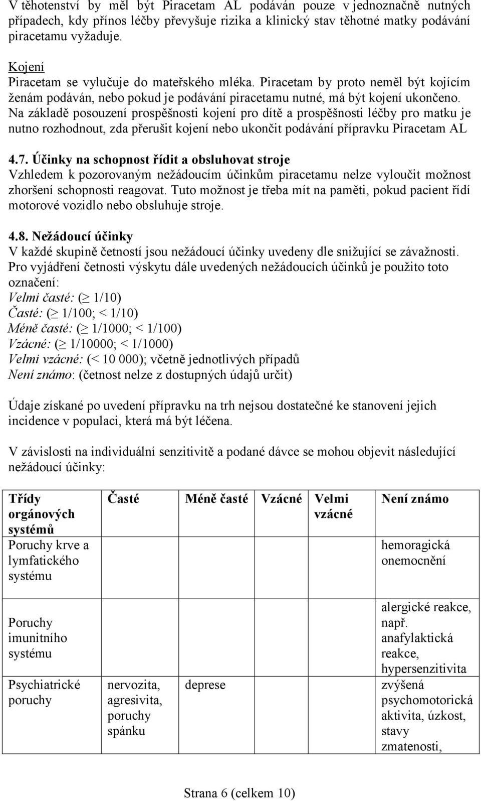 Na základě posouzení prospěšnosti kojení pro dítě a prospěšnosti léčby pro matku je nutno rozhodnout, zda přerušit kojení nebo ukončit podávání přípravku Piracetam AL 4.7.