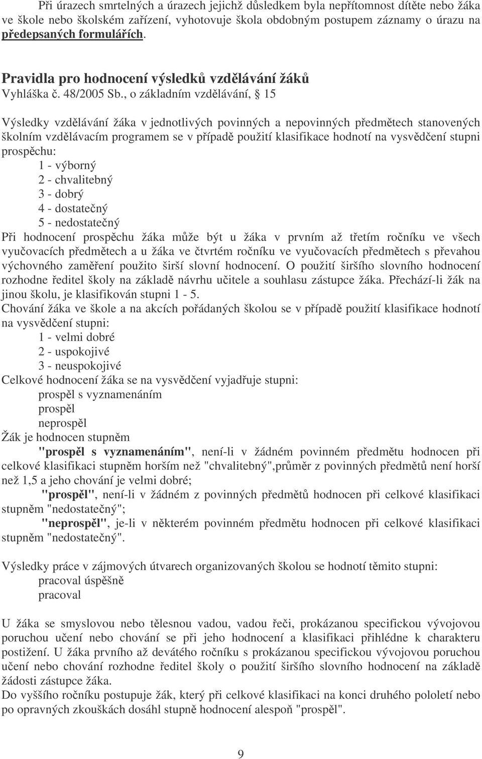 , o základním vzdlávání, 15 Výsledky vzdlávání žáka v jednotlivých povinných a nepovinných pedmtech stanovených školním vzdlávacím programem se v pípad použití klasifikace hodnotí na vysvdení stupni