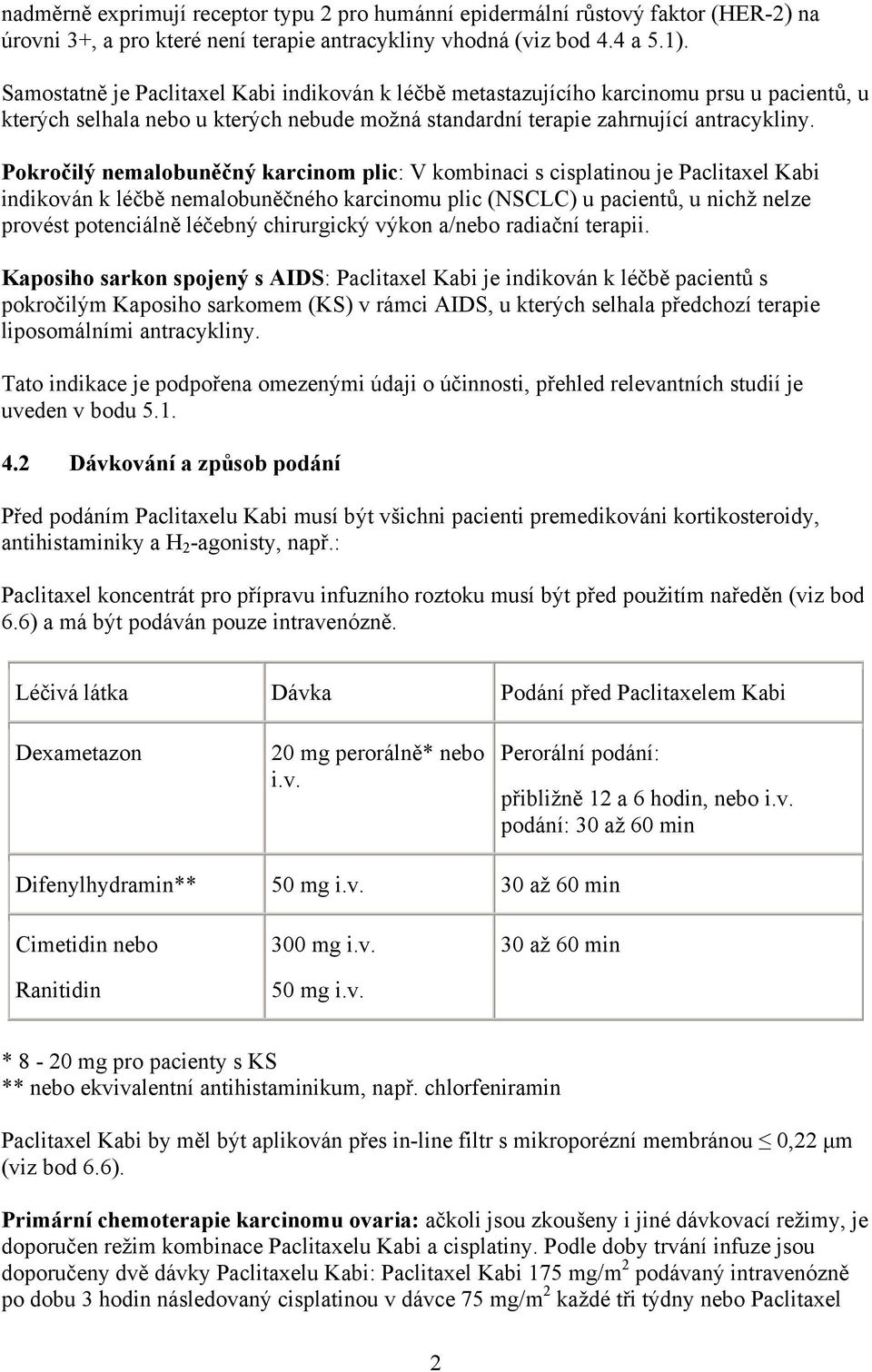 Pokročilý nemalobuněčný karcinom plic: V kombinaci s cisplatinou je Paclitaxel Kabi indikován k léčbě nemalobuněčného karcinomu plic (NSCLC) u pacientů, u nichž nelze provést potenciálně léčebný