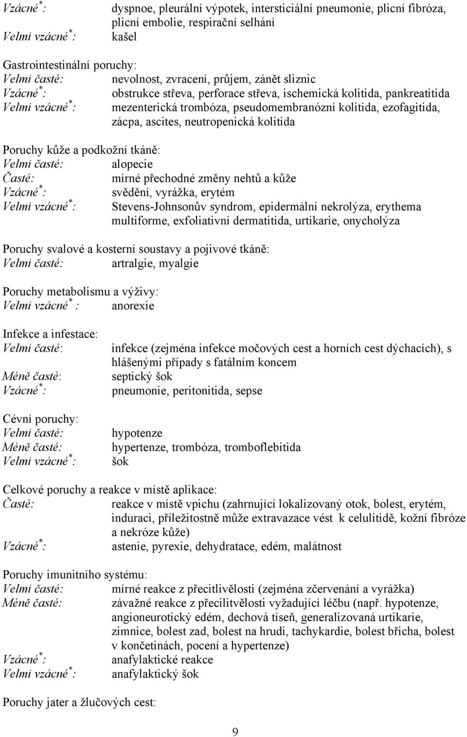 zácpa, ascites, neutropenická kolitida Poruchy kůže a podkožní tkáně: Velmi časté: alopecie Časté: mírné přechodné změny nehtů a kůže Vzácné * : svědění, vyrážka, erytém Velmi vzácné * :