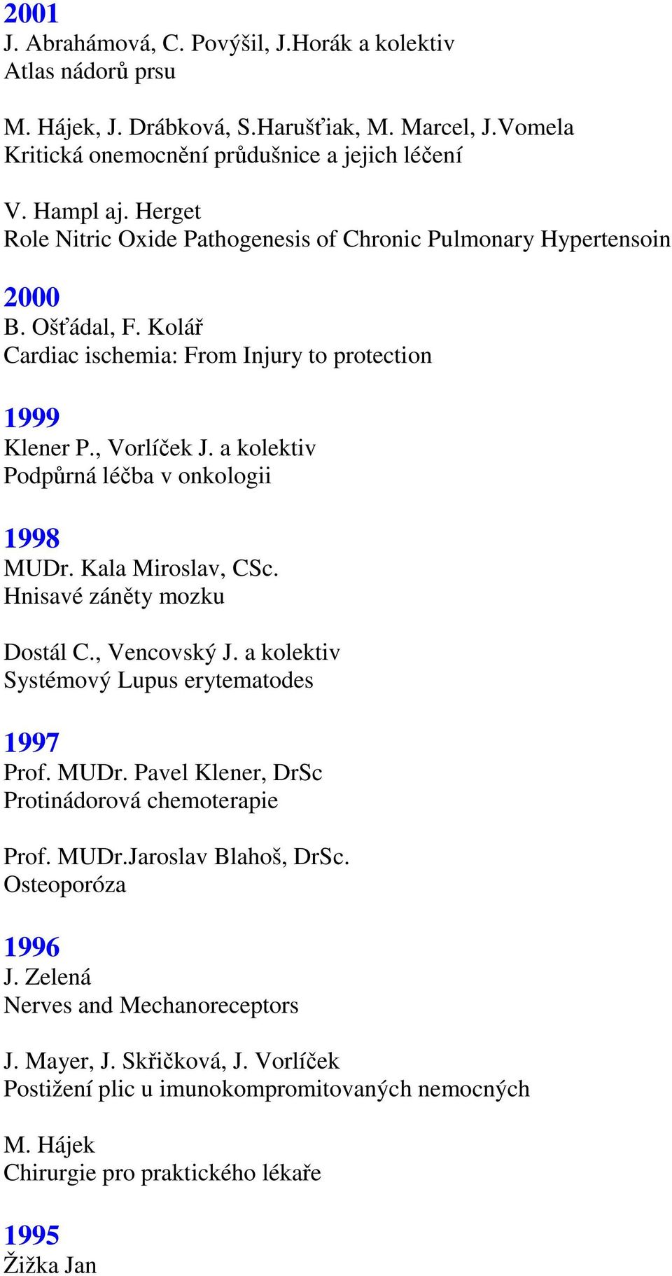 a kolektiv Podpůrná léčba v onkologii 1998 MUDr. Kala Miroslav, CSc. Hnisavé záněty mozku Dostál C., Vencovský J. a kolektiv Systémový Lupus erytematodes 1997 Prof. MUDr. Pavel Klener, DrSc Protinádorová chemoterapie Prof.