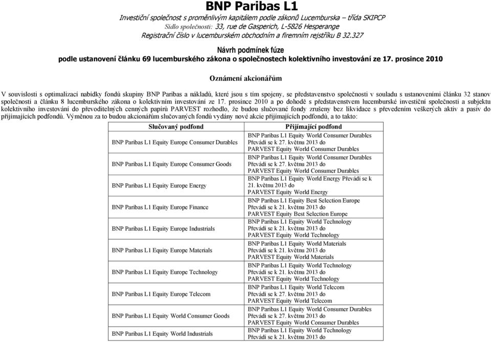 prosince 2010 a po dohodě s představenstvem lucemburské investiční společnosti a subjektu kolektivního investování do převoditelných cenných papírů PARVEST rozhodlo, že budou slučované fondy zrušeny