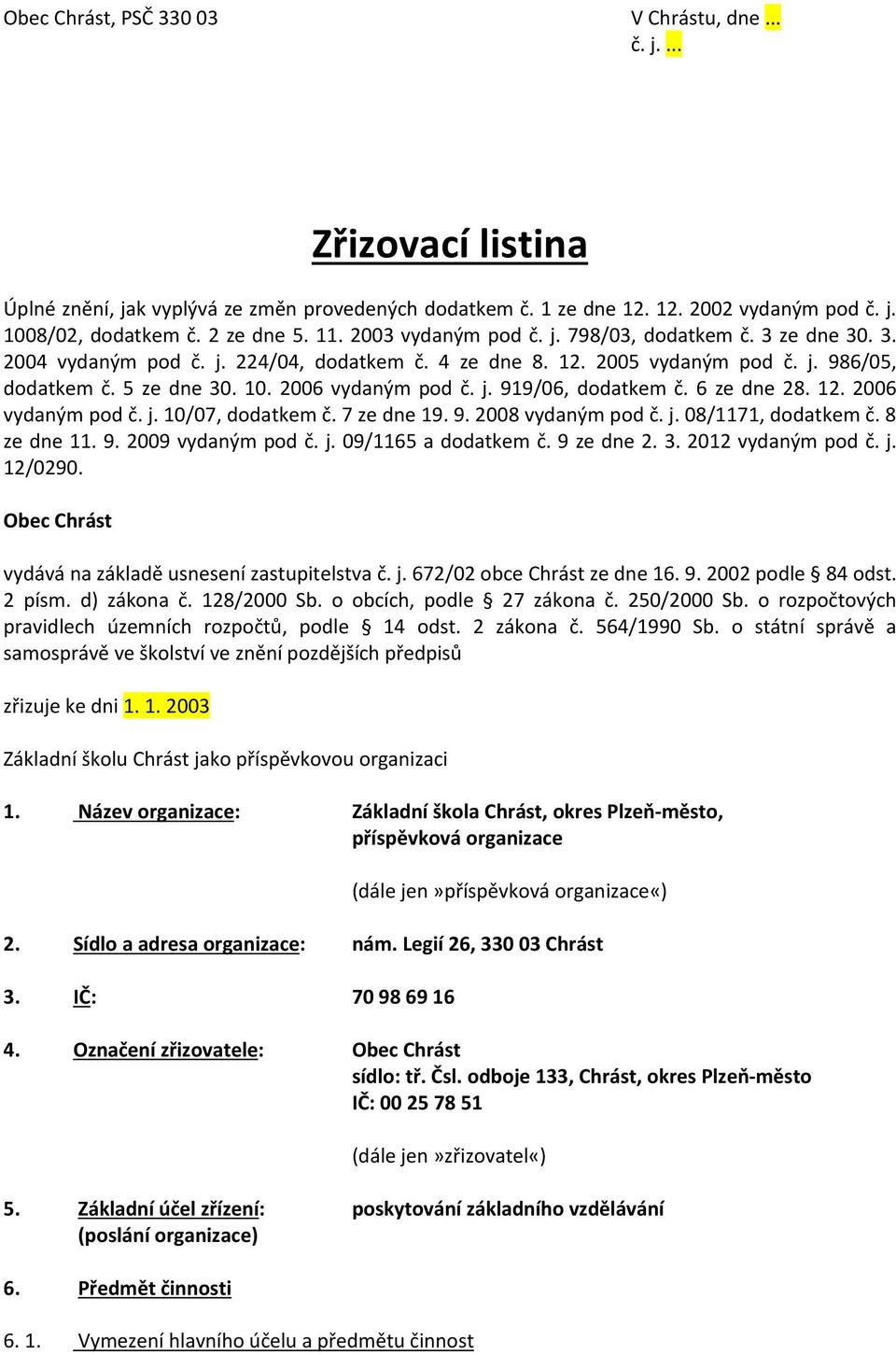 2006 vydaným pod č. j. 919/06, dodatkem č. 6 ze dne 28. 12. 2006 vydaným pod č. j. 10/07, dodatkem č. 7 ze dne 19. 9. 2008 vydaným pod č. j. 08/1171, dodatkem č. 8 ze dne 11. 9. 2009 vydaným pod č. j. 09/1165 a dodatkem č.