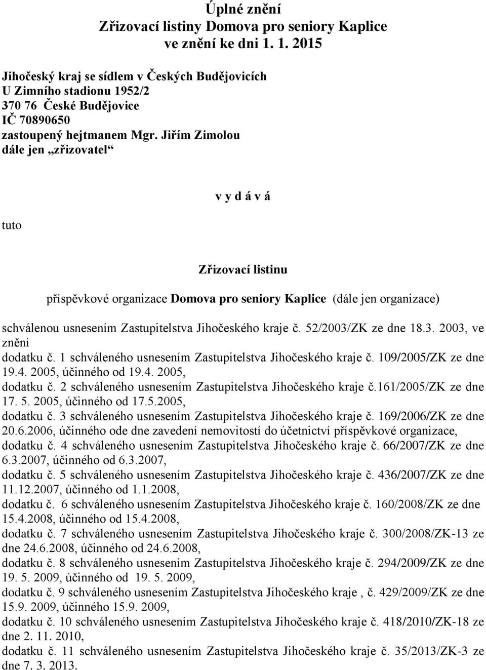 Jiřím Zimolou dále jen zřizovatel tuto v y d á v á Zřizovací listinu příspěvkové organizace Domova pro seniory Kaplice (dále jen organizace) schválenou usnesením Zastupitelstva Jihočeského kraje č.