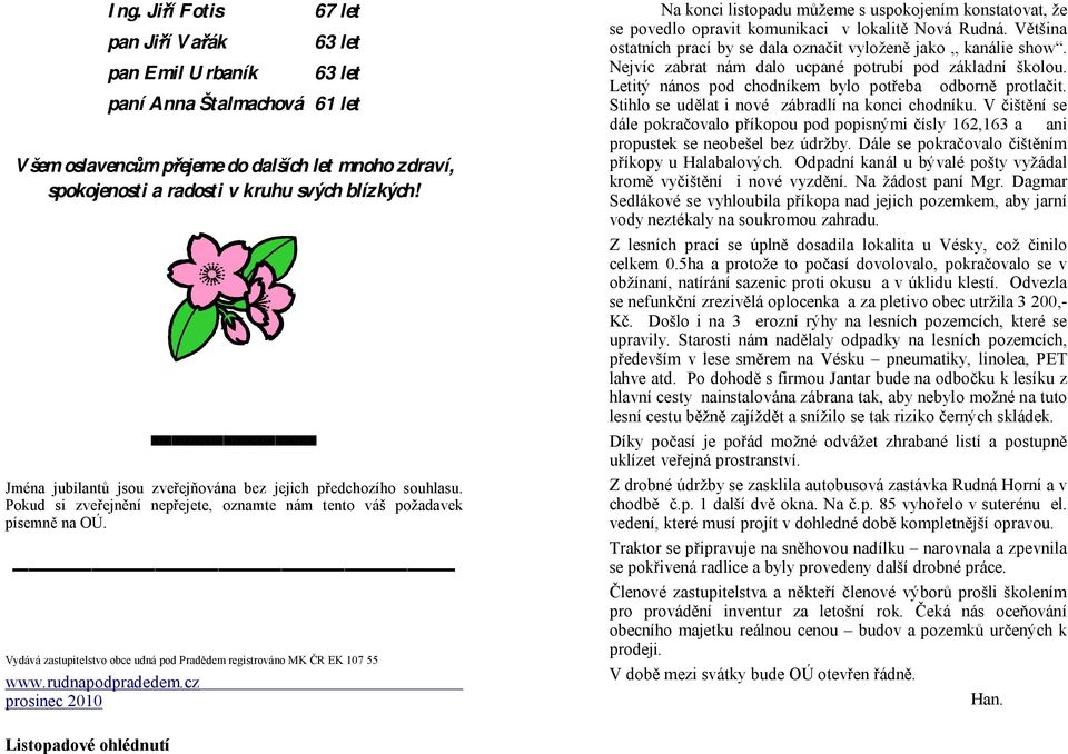 Vydává zastupitelstvo obce udná pod Pradědem registrováno MK ČR EK 107 55 www.rudnapodpradedem.