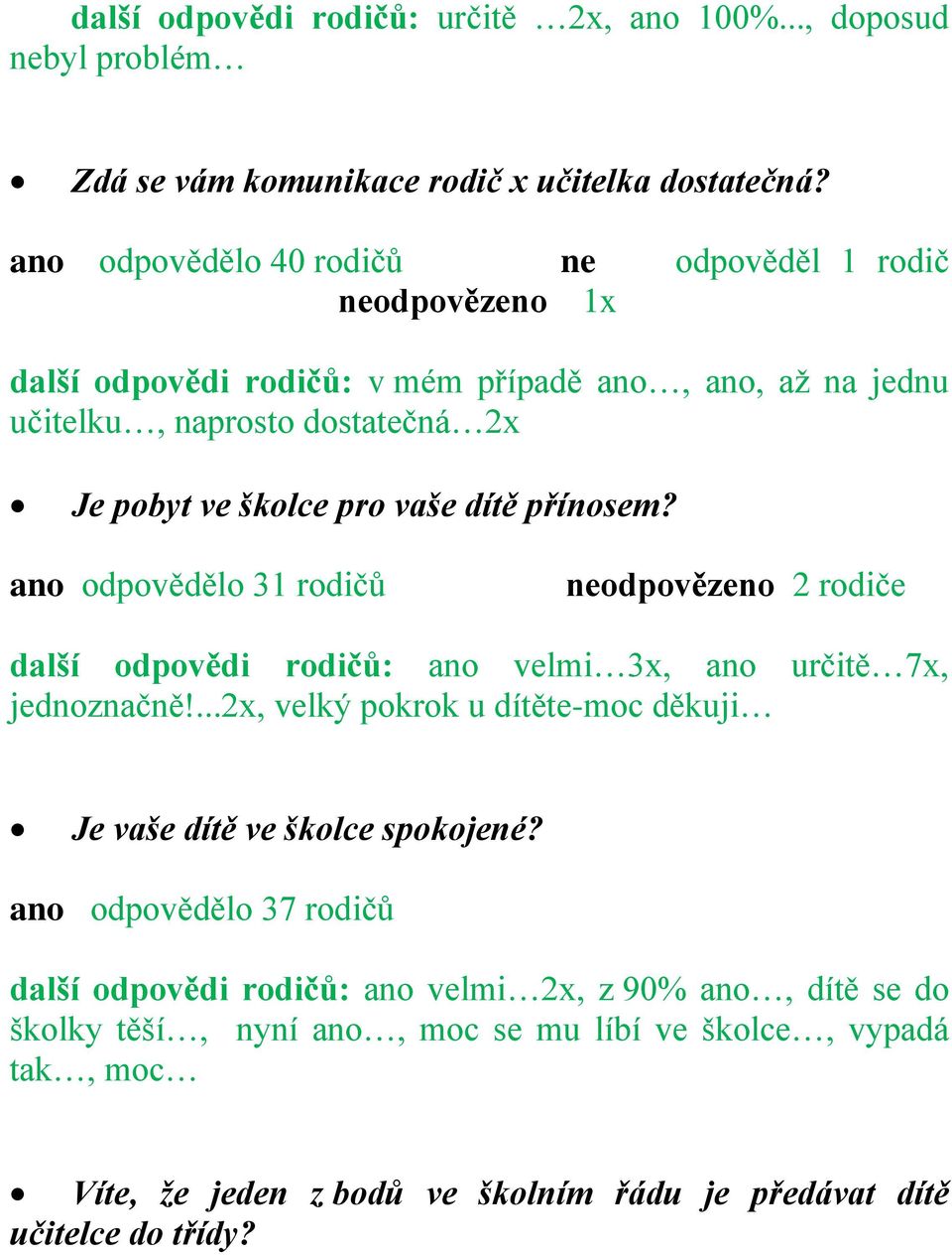 vaše dítě přínosem? ano odpovědělo 31 rodičů neodpovězeno 2 rodiče další odpovědi rodičů: ano velmi 3x, ano určitě 7x, jednoznačně!