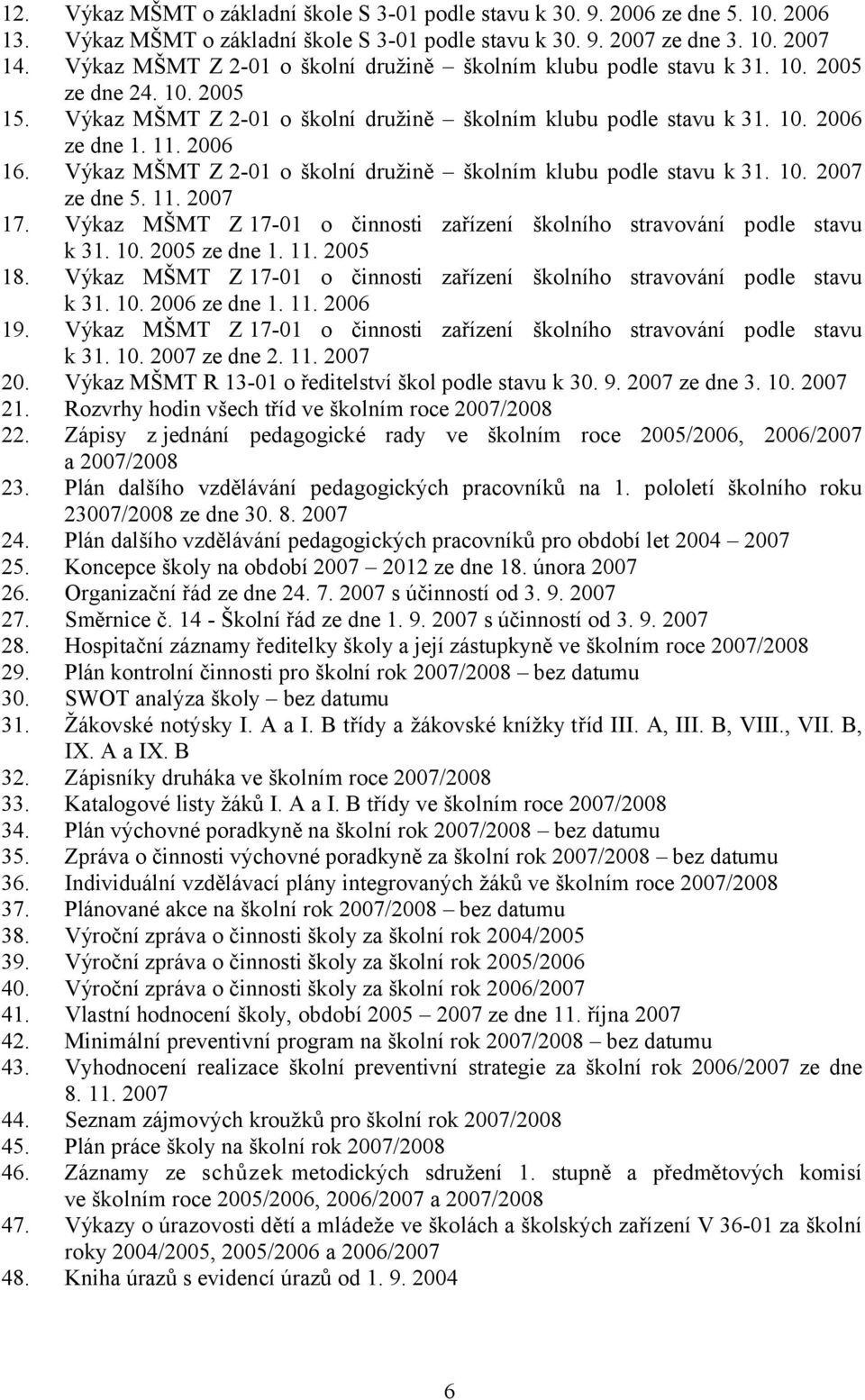 Výkaz MŠMT Z 2-01 o školní družině školním klubu podle stavu k 31. 10. 2007 ze dne 5. 11. 2007 17. Výkaz MŠMT Z 17-01 o činnosti zařízení školního stravování podle stavu k 31. 10. 2005 ze dne 1. 11. 2005 18.