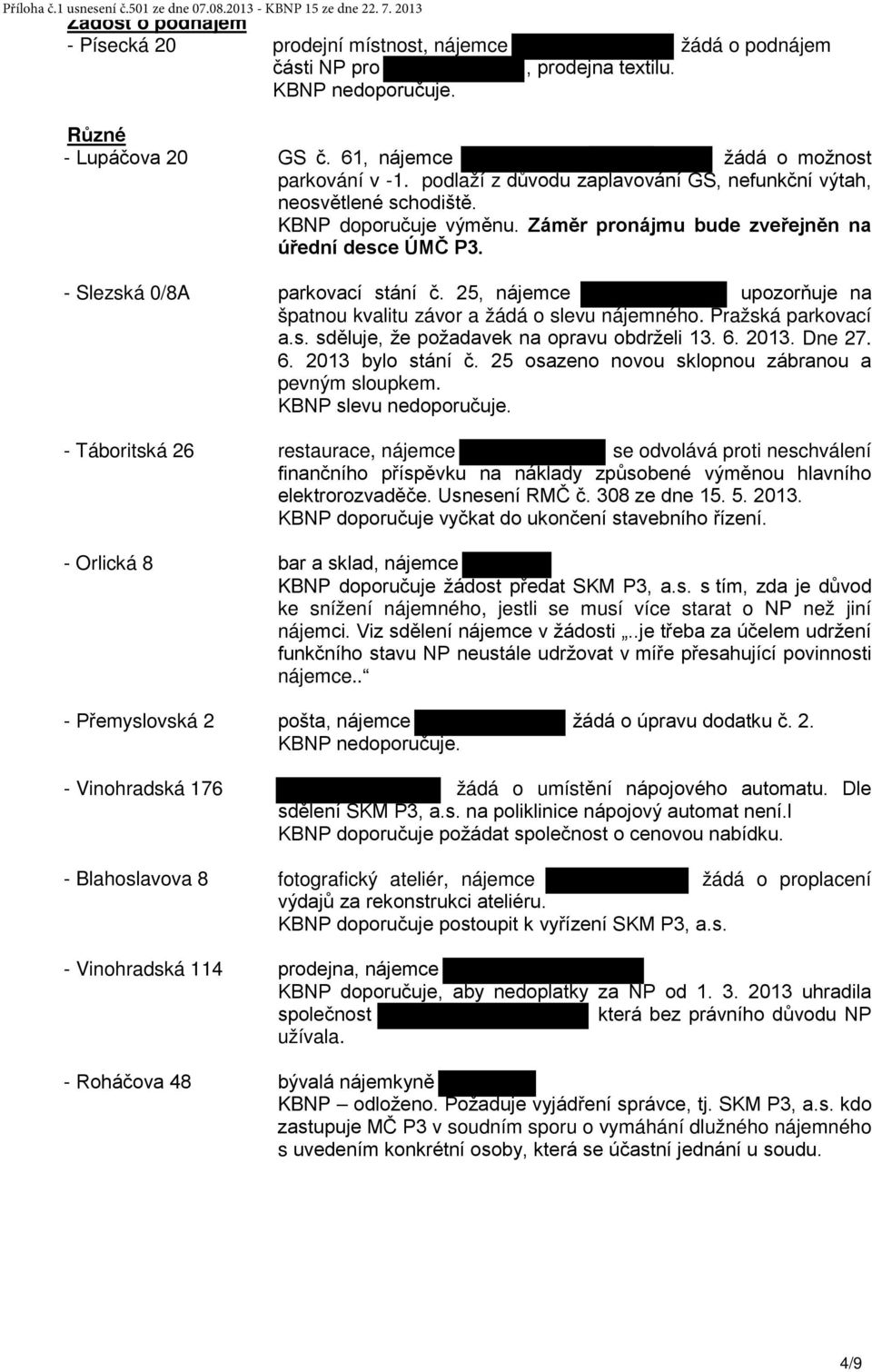 podlaží z důvodu zaplavování GS, nefunkční výtah, neosvětlené schodiště. KBNP doporučuje výměnu. Záměr pronájmu bude zveřejněn na úřední desce ÚMČ P3. parkovací stání č.