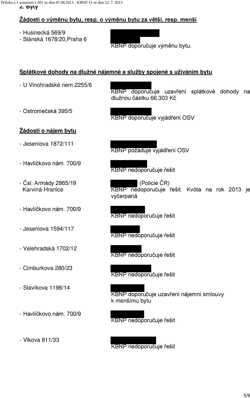 303 Kč KBNP doporučuje vyjádření OSV Žádosti o nájem bytu - Jeseniova 1872/111 - Havlíčkovo nám. 700/9 KBNP požaduje vyjádření OSV - Čsl. Armády 2865/19 (Policie ČR) Karviná-Hranice.