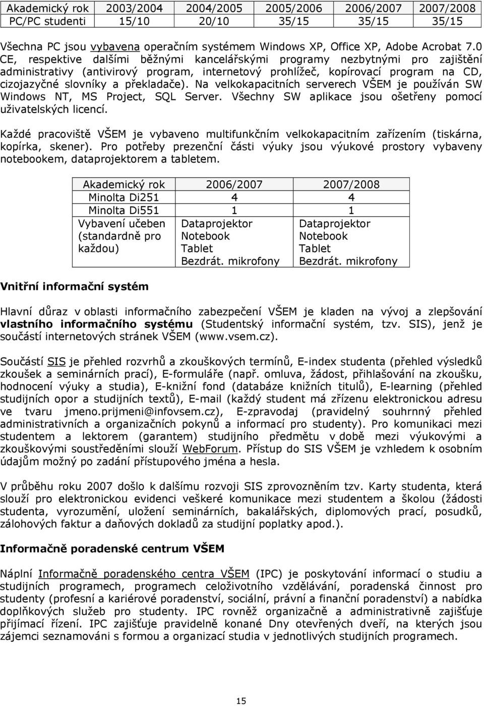 překladače). Na velkokapacitních serverech VŠEM je používán SW Windows NT, MS Project, SQL Server. Všechny SW aplikace jsou ošetřeny pomocí uživatelských licencí.