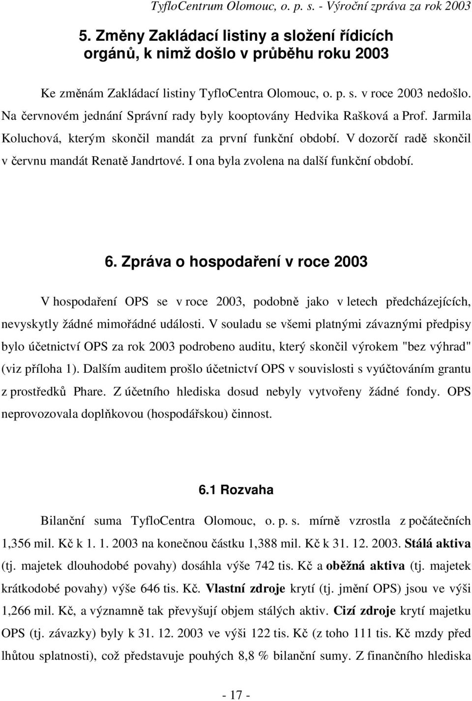 I ona byla zvolena na další funkční období. 6. Zpráva o hospodaření v roce 2003 V hospodaření OPS se v roce 2003, podobně jako v letech předcházejících, nevyskytly žádné mimořádné události.