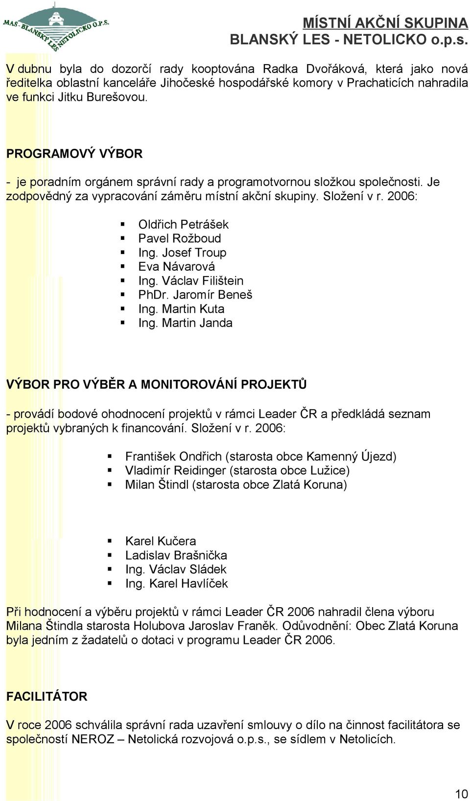 2006: Oldřich Petrášek Pavel Rožboud Ing. Josef Troup Eva Návarová Ing. Václav Filištein PhDr. Jaromír Beneš Ing. Martin Kuta Ing.