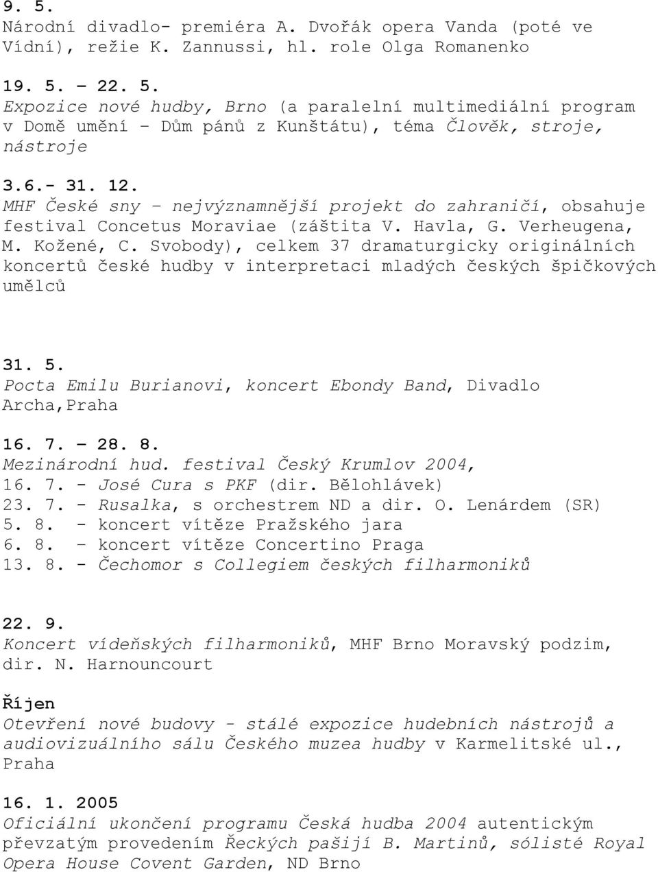 Svobody), celkem 37 dramaturgicky originálních koncertů české hudby v interpretaci mladých českých špičkových umělců 31. 5. Pocta Emilu Burianovi, koncert Ebondy Band, Divadlo Archa,Praha 16. 7. 28.