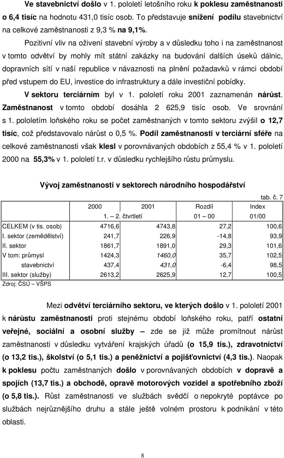 na plnní požadavk v rámci období ped vstupem do EU, investice do infrastruktury a dále investiní pobídky. V sektoru terciárním byl v 1. pololetí roku 2001 zaznamenán nárst.