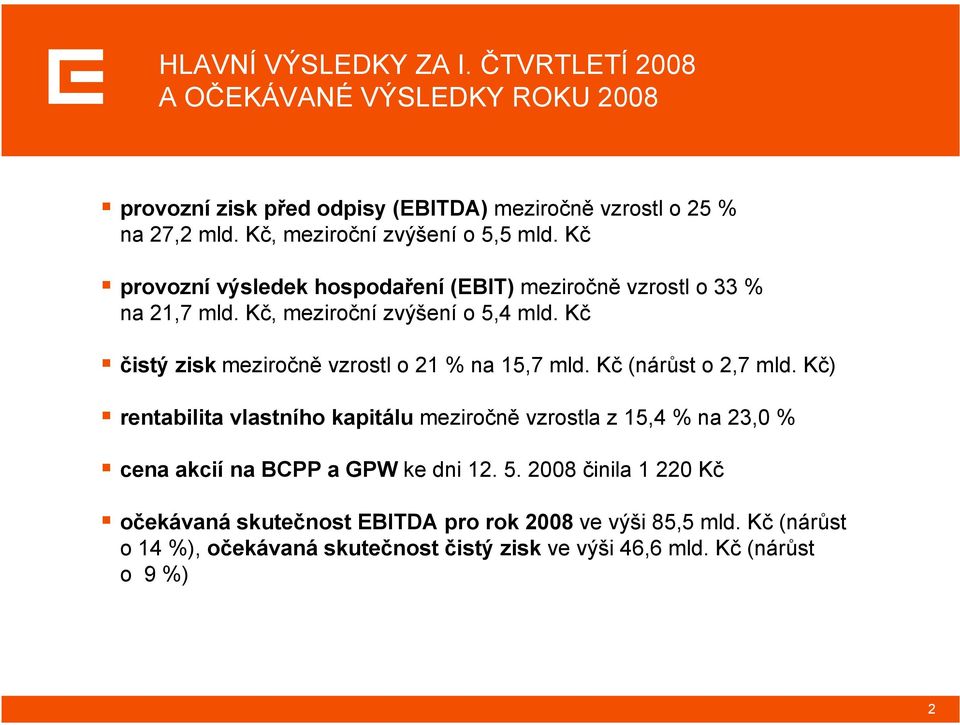 Kč čistý zisk meziročně vzrostl o 21 % na 15,7 mld. Kč (nárůst o 2,7 mld.