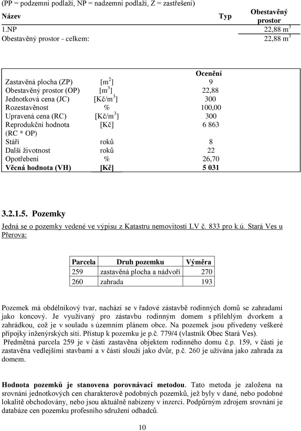 (RC) [Kč/m 3 ] 300 Reprodukční hodnota [Kč] 6 863 (RC * OP) Stáří roků 8 Další životnost roků 22 Opotřebení % 26,70 Věcná hodnota (VH) [Kč] 5 