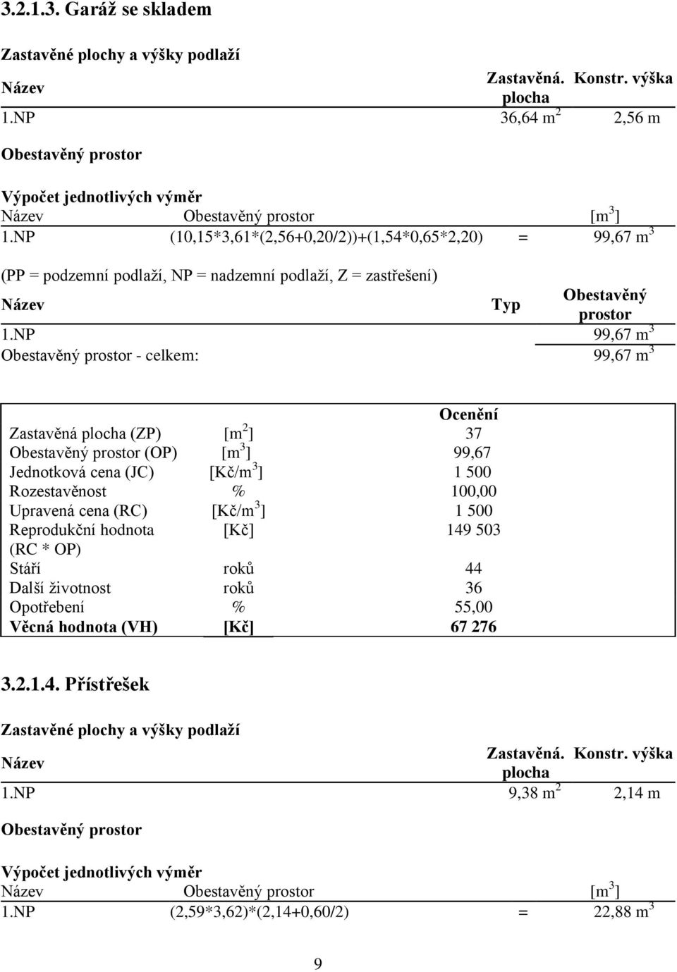 NP 99,67 m 3 Obestavěný prostor - celkem: 99,67 m 3 Ocenění Zastavěná plocha (ZP) [m 2 ] 37 Obestavěný prostor (OP) [m 3 ] 99,67 Jednotková cena (JC) [Kč/m 3 ] 1 500 Rozestavěnost % 100,00 Upravená