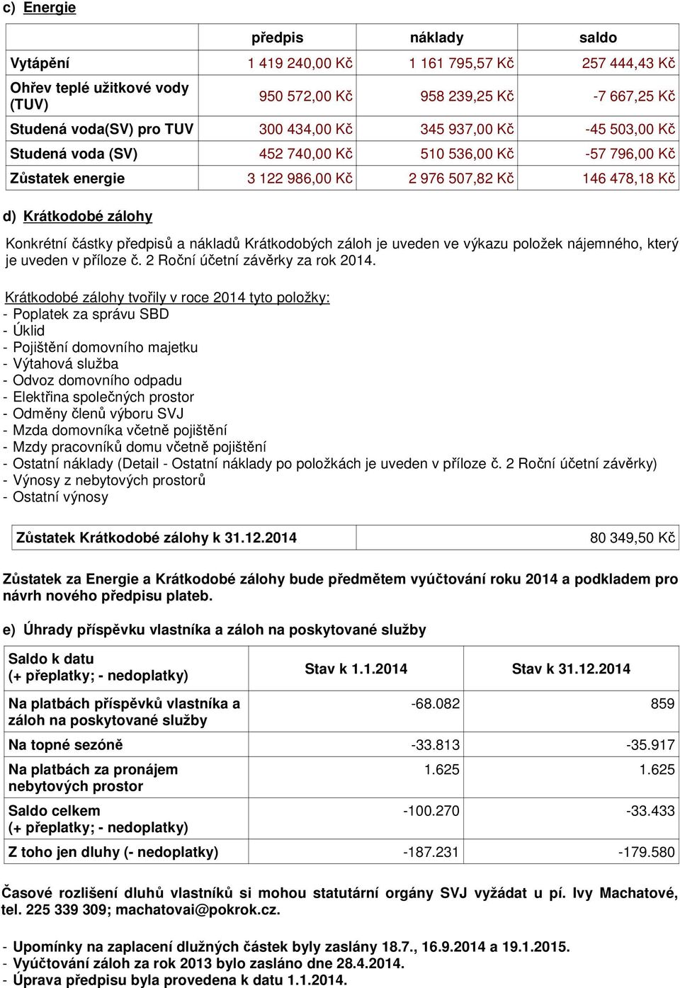 Krátkodobých záloh je uveden ve výkazu položek nájemného, který je uveden v příloze č. 2 Roční účetní závěrky za rok 2014.