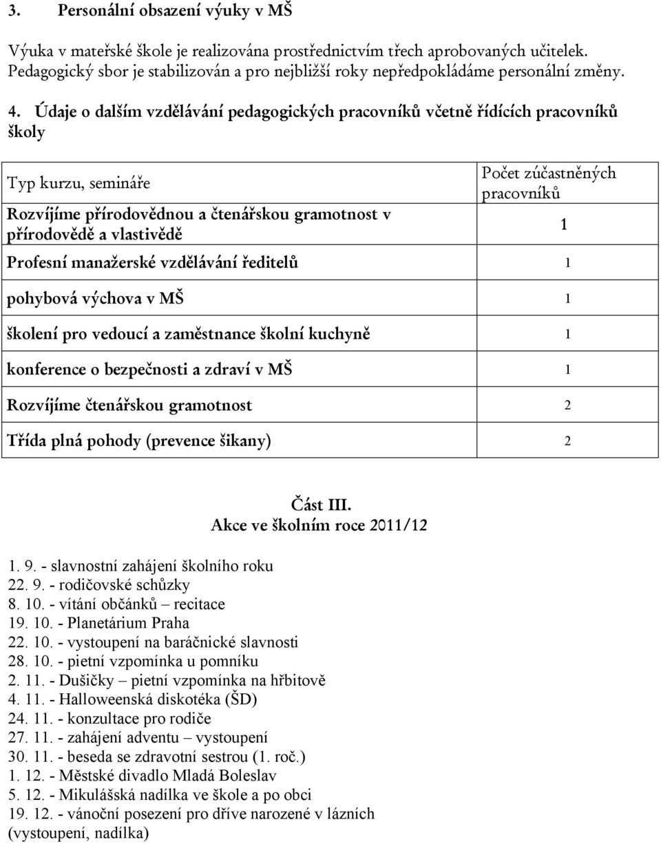 Údaje o dalším vzdělávání pedagogických pracovníků včetně řídících pracovníků školy Typ kurzu, semináře Rozvíjíme přírodovědnou a čtenářskou gramotnost v přírodovědě a vlastivědě Počet zúčastněných