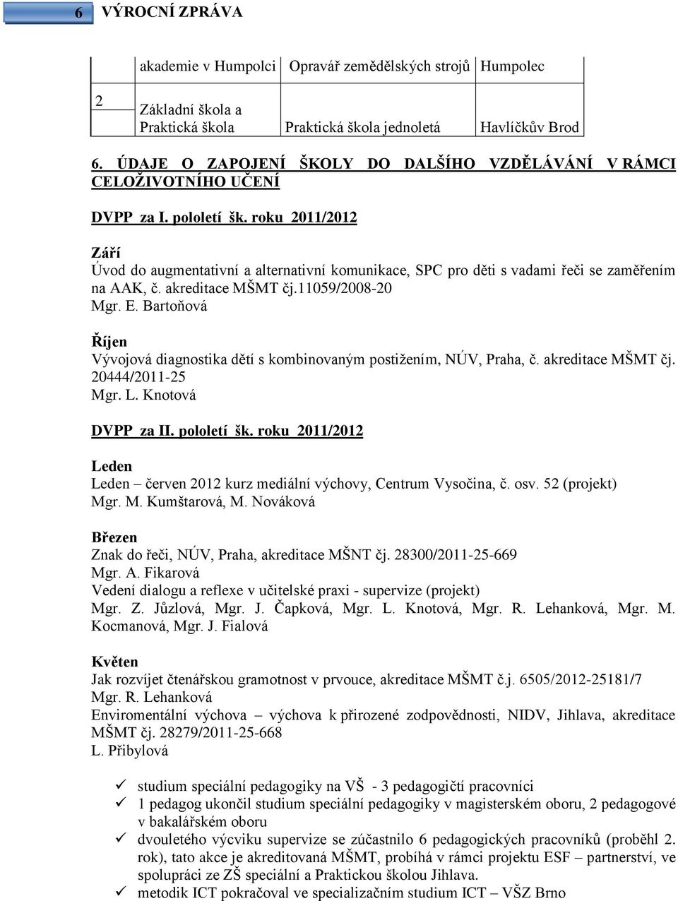 roku 2011/2012 Září Úvod do augmentativní a alternativní komunikace, SPC pro děti s vadami řeči se zaměřením na AAK, č. akreditace MŠMT čj.11059/2008-20 Mgr. E.