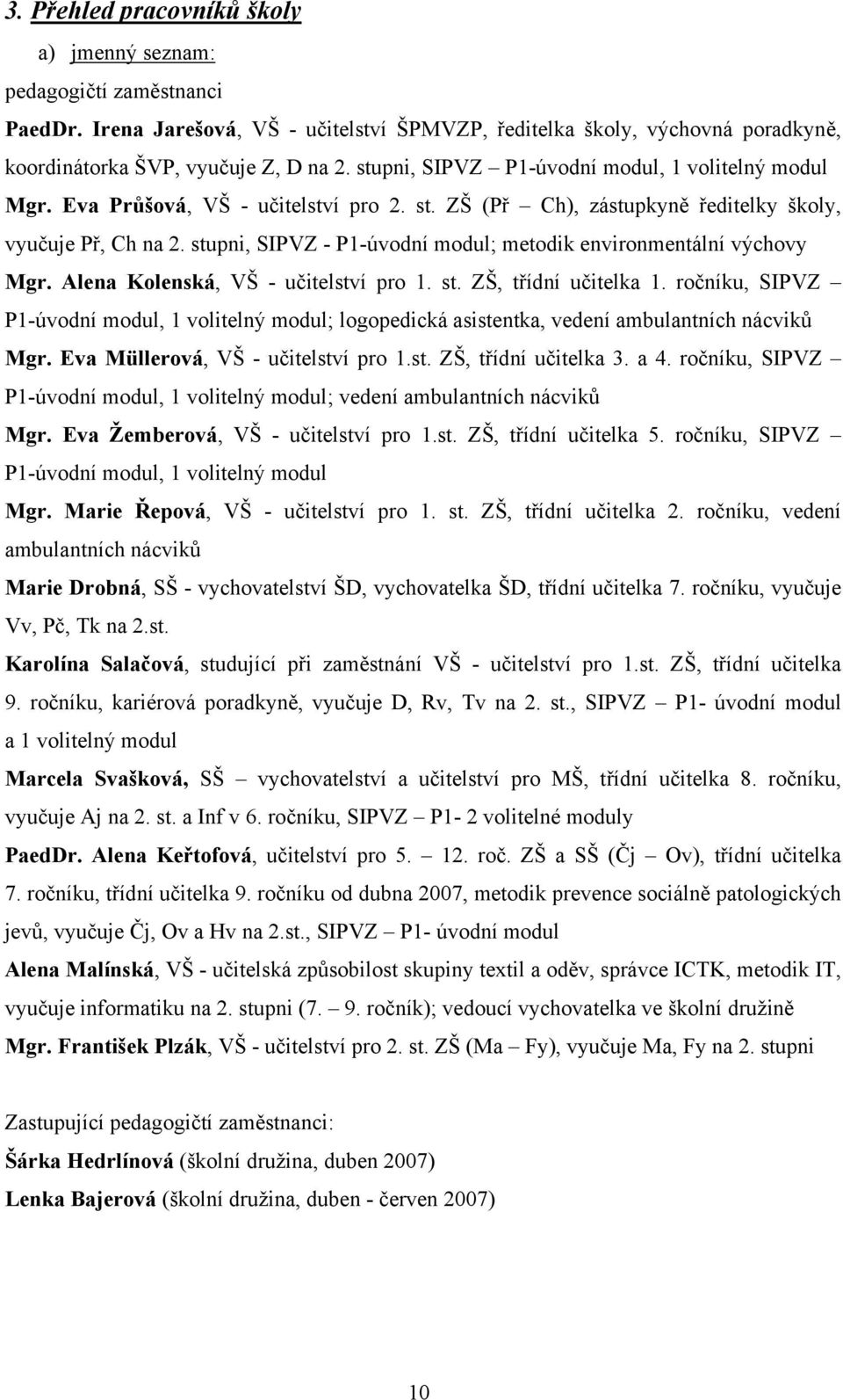 stupni, SIPVZ - P1-úvodní modul; metodik environmentální výchovy Mgr. Alena Kolenská, VŠ - učitelství pro 1. st. ZŠ, třídní učitelka 1.