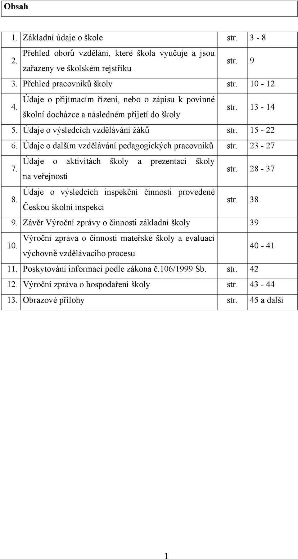 Údaje o dalším vzdělávání pedagogických pracovníků str. 23-27 7. 8. Údaje o aktivitách školy a prezentaci školy na veřejnosti str.