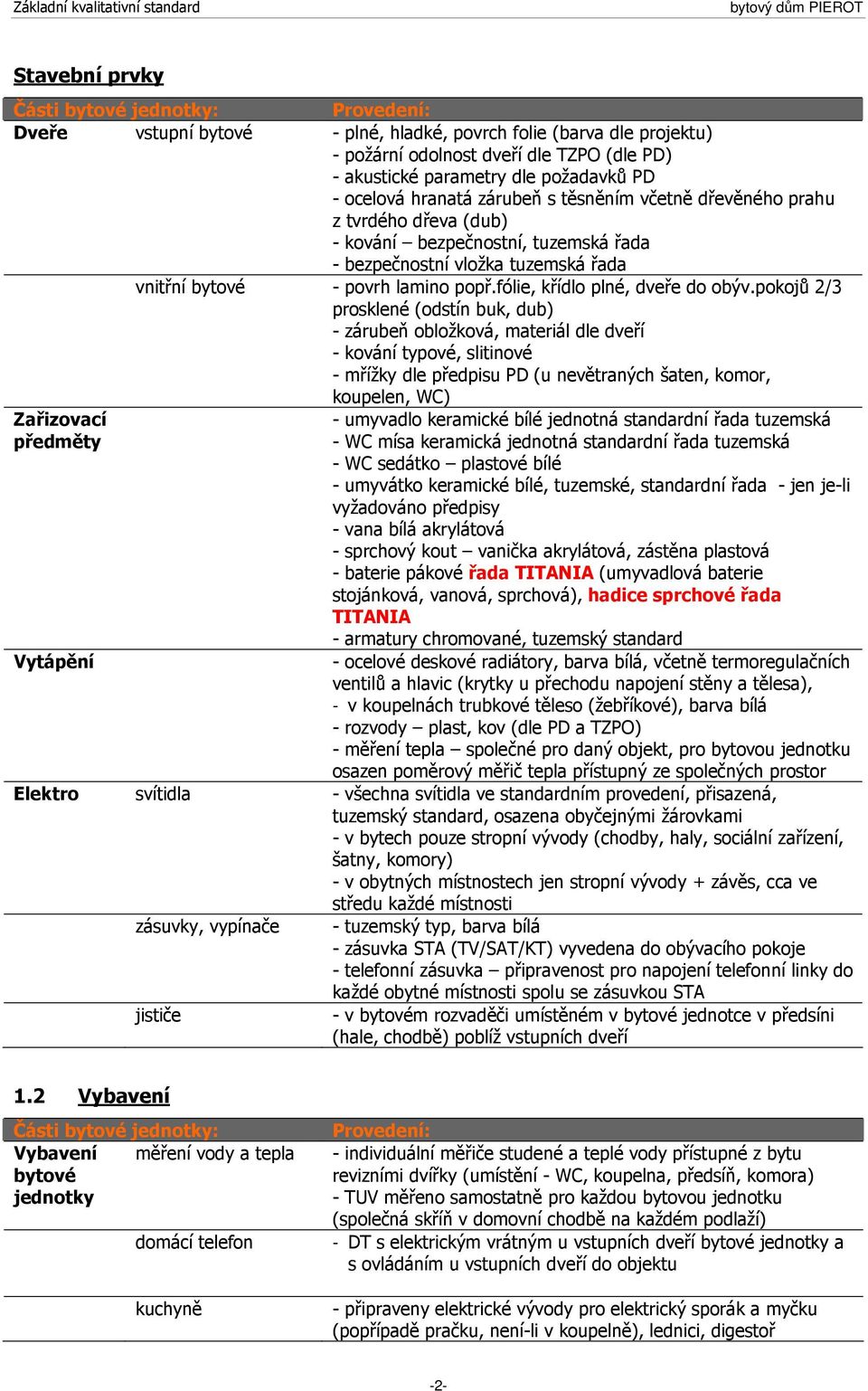 pokojů 2/3 prosklené (odstín buk, dub) - zárubeň obložková, materiál dle dveří - kování typové, slitinové - mřížky dle předpisu PD (u nevětraných šaten, komor, koupelen, WC) Zařizovací předměty -