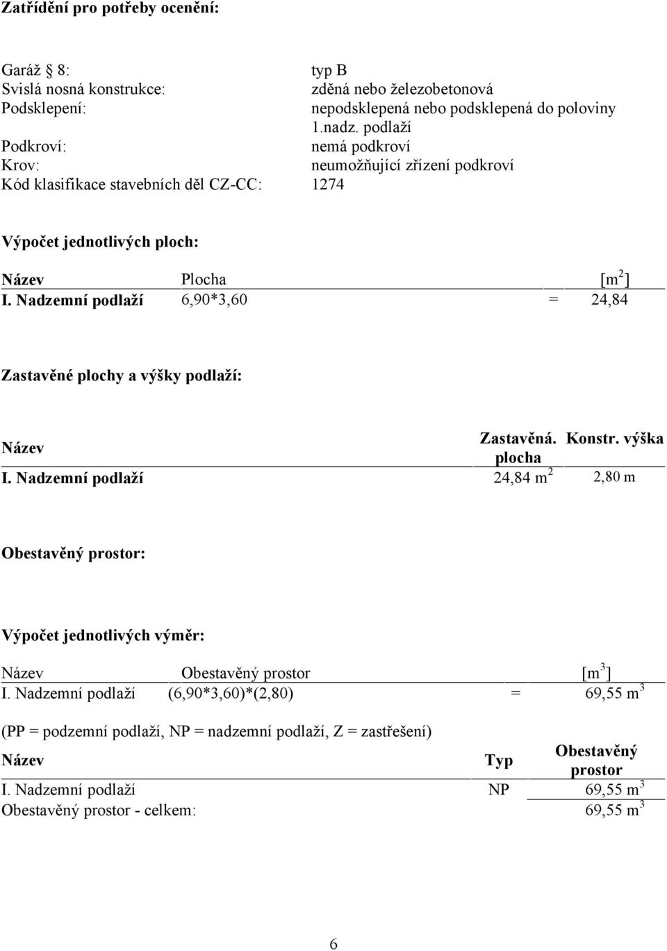 Nadzemní podlaží 6,90*3,60 = 24,84 Zastavěné plochy a výšky podlaží: Zastavěná. Konstr. výška Název plocha I.