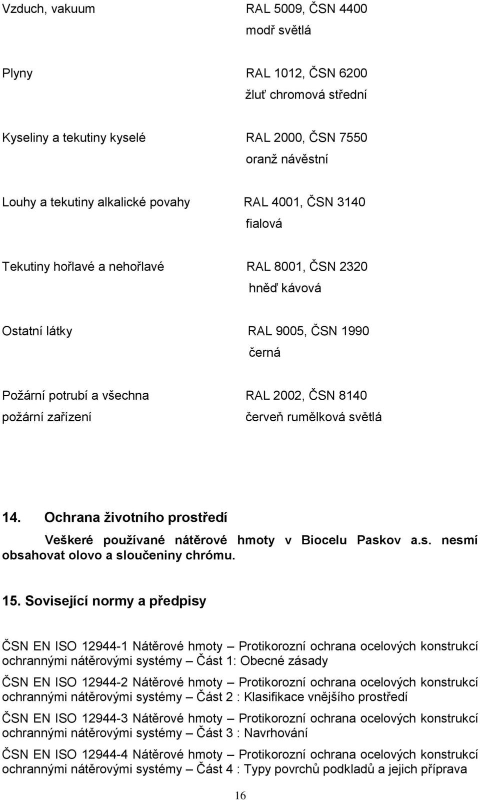 světlá 14. Ochrana životního prostředí Veškeré používané nátěrové hmoty v Biocelu Paskov a.s. nesmí obsahovat olovo a sloučeniny chrómu. 15.