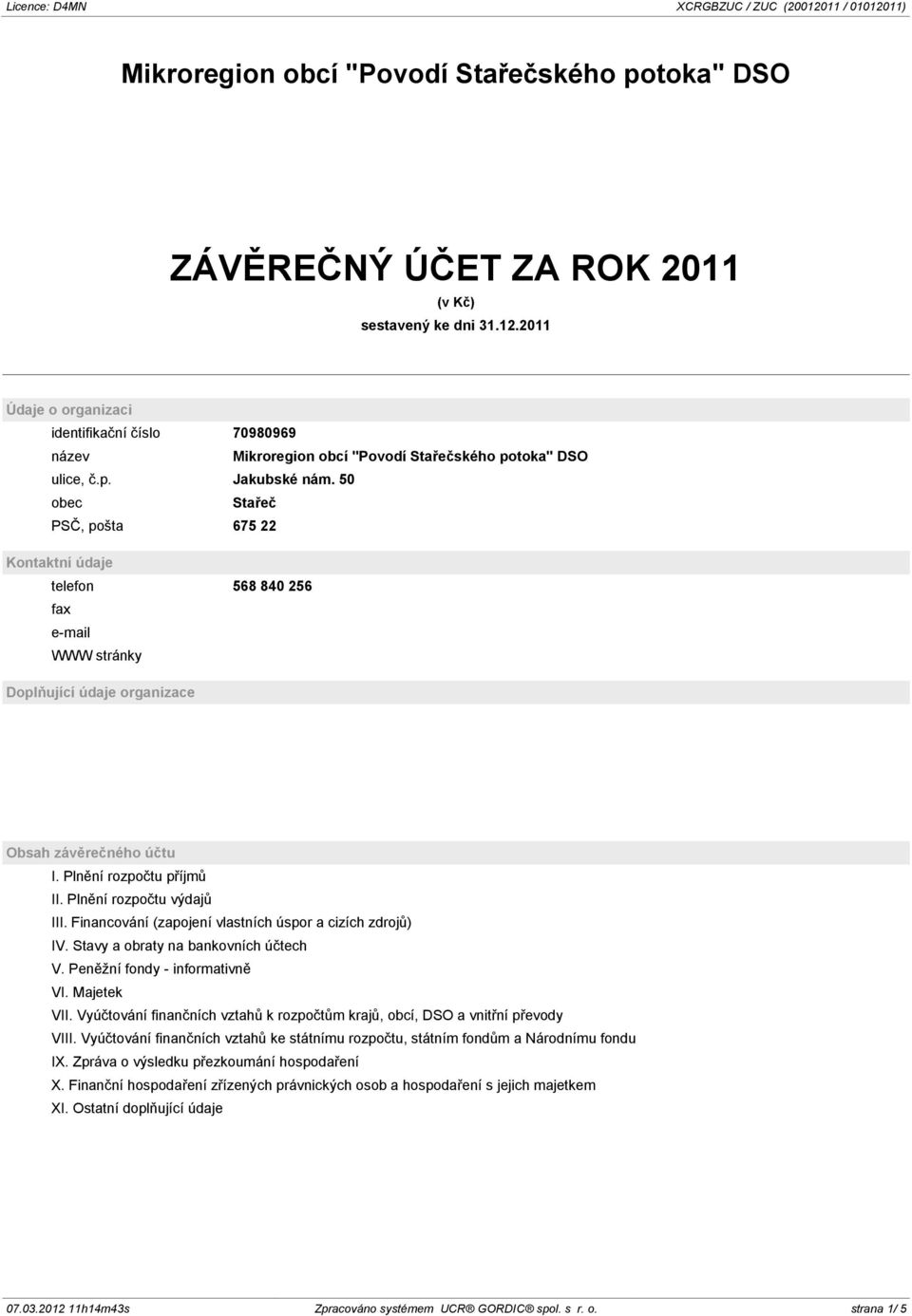 50 obec Stařeč PSČ, pošta 675 22 Kontaktní údaje telefon 568 840 256 fax e-mail WWW stránky Doplňující údaje organizace Obsah závěrečného účtu I. Plnění rozpočtu příjmů II. Plnění rozpočtu výdajů III.