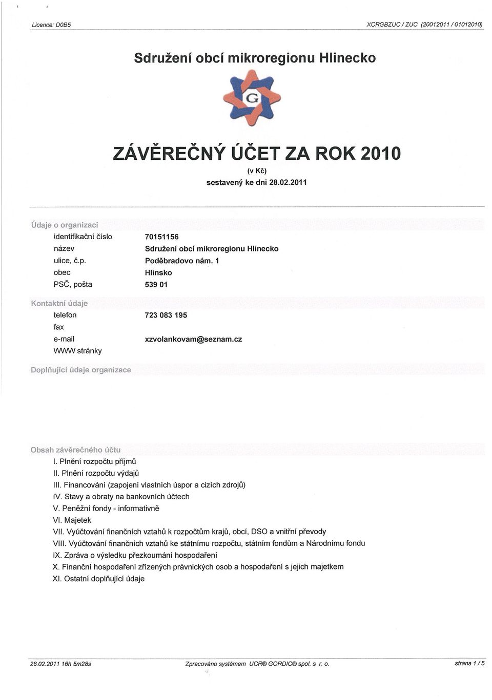 I obec Hlinsko Psč, pošta 539 01 Kontaktní údaje telefon 723 083 195 fax e-mail xzvolankovam@seznam.cz WWW stránky Doplňující údaje organizace Obsah závěrečného účtu I. Plnění rozpočtu příjmu II.