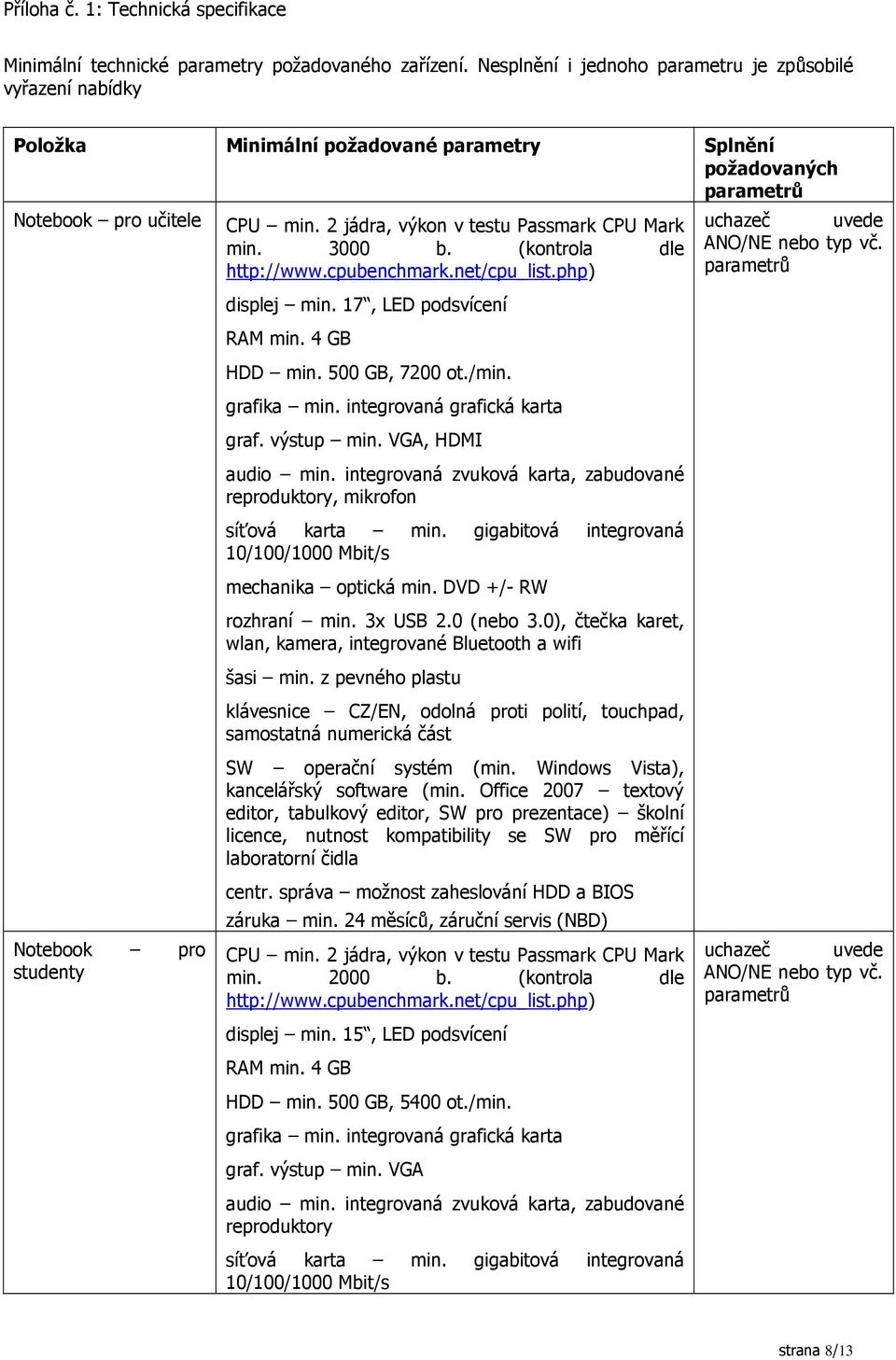 2 jádra, výkon v testu Passmark CPU Mark min. 3000 b. (kontrola dle http://www.cpubenchmark.net/cpu_list.php) displej min. 17, LED podsvícení RAM min. 4 GB HDD min. 500 GB, 7200 ot./min. grafika min.