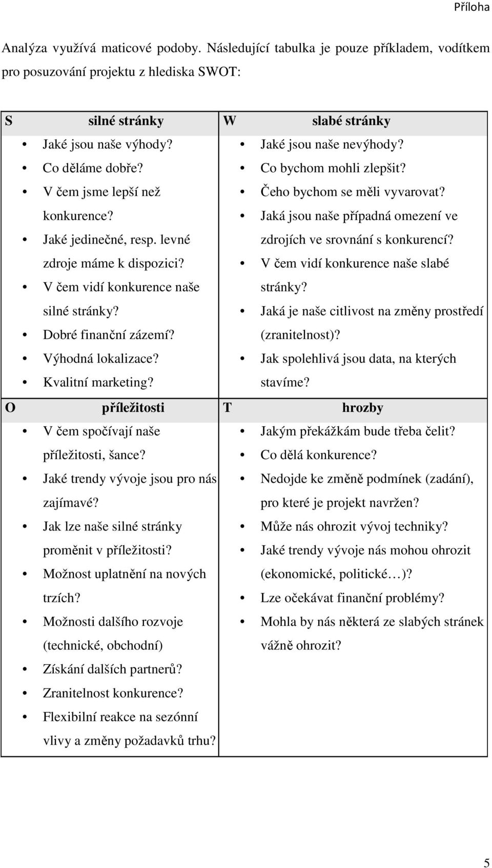 příležitosti V čem spočívají naše příležitosti, šance? Jaké trendy vývoje jsou pro nás zajímavé? Jak lze naše silné stránky proměnit v příležitosti? Možnost uplatnění na nových trzích?