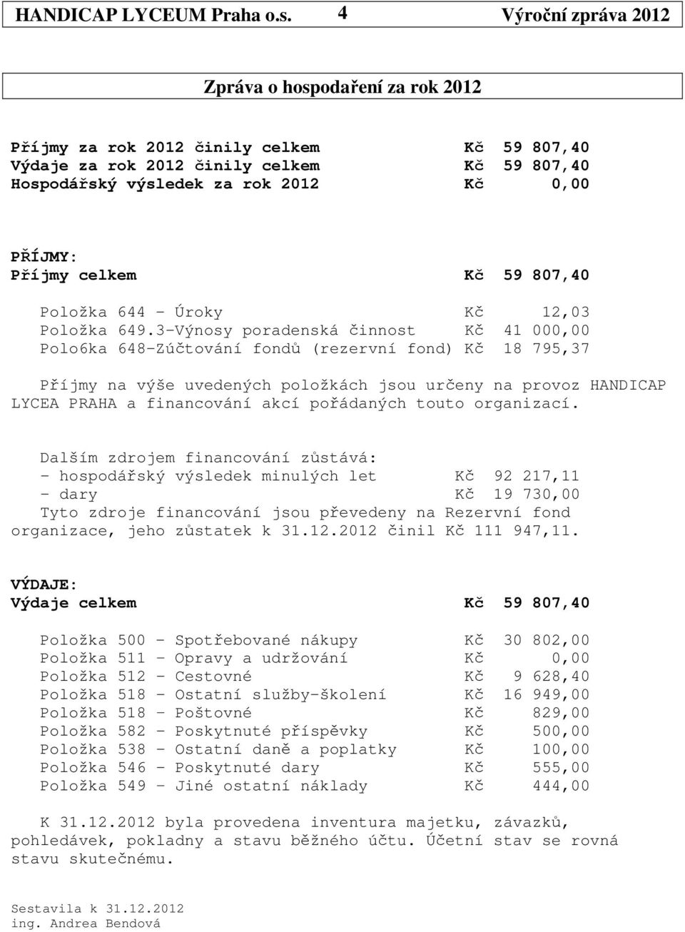 807,40 Položka 644 - Úroky Kč 12,03 Položka 649.