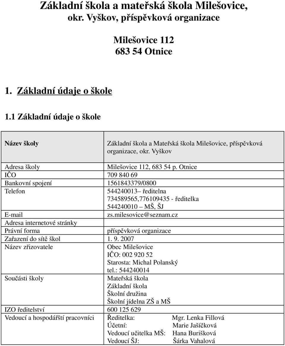 Otnice IČO 709 840 69 Bankovní spojení 1561843379/0800 Telefon 544240013 ředitelna 734589565,776109435 - ředitelka 544240010 MŠ, ŠJ E-mail zs.milesovice@seznam.