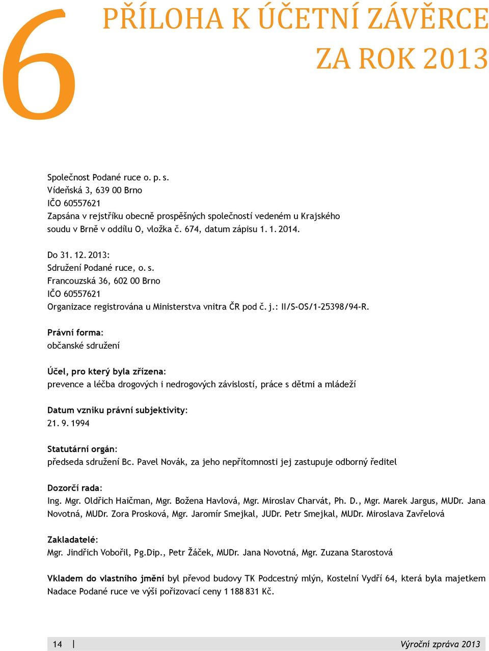 2013: Sdružení Podané ruce, o. s. Francouzská 36, 602 00 Brno IČO 60557621 Organizace registrována u Ministerstva vnitra ČR pod č. j.: II/S-OS/1-25398/94-R.