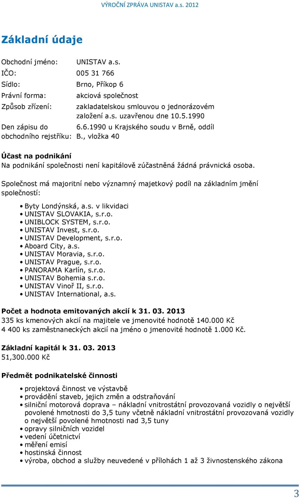 6.1990 u Krajského soudu v Brně, oddíl B., vložka 40 Účast na podnikání Na podnikání společnosti není kapitálově zúčastněná žádná právnická osoba.