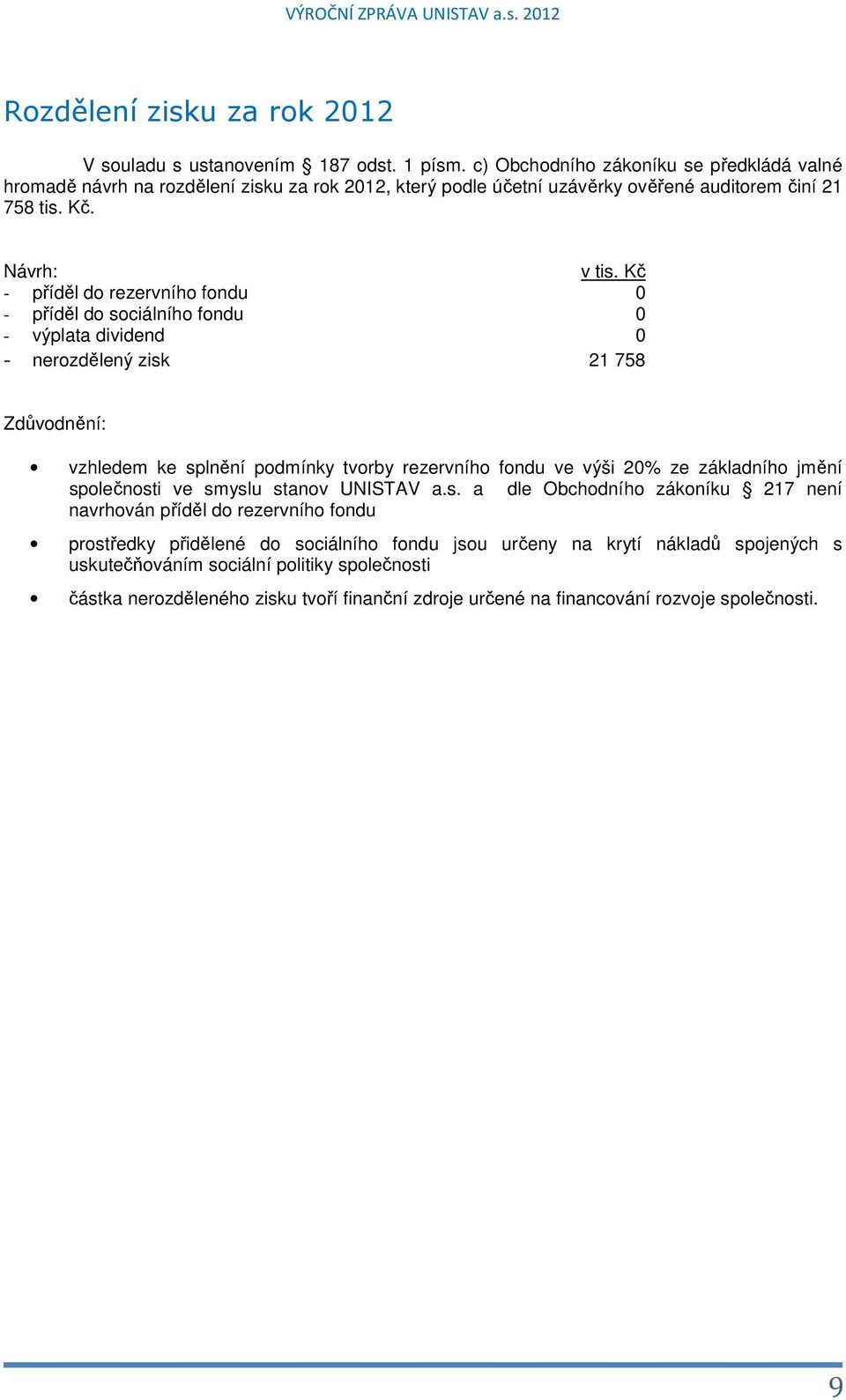 Kč - příděl do rezervního fondu 0 - příděl do sociálního fondu 0 - výplata dividend 0 - nerozdělený zisk 21 758 Zdůvodnění: vzhledem ke splnění podmínky tvorby rezervního fondu ve výši 20% ze