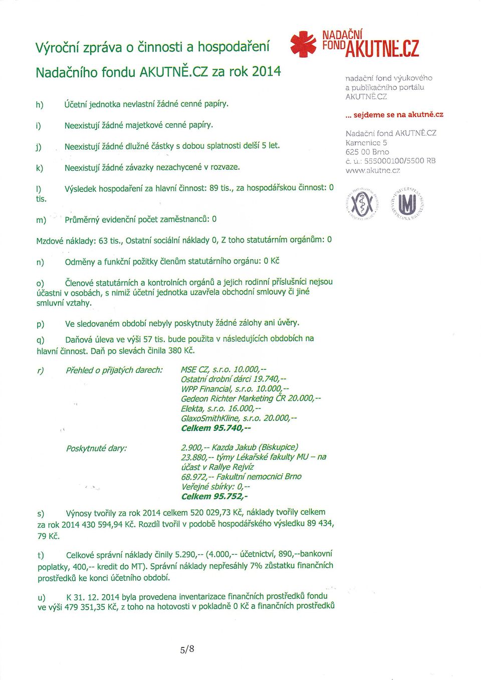 , za hospodřskou činnost: 0 nadačnífond výukového a publikačníhoportlu AKUTN'CZ... tis. m) Průmrný evidenčnípočet zamstnanců: 0 Mzdové nklady: 63 tis.