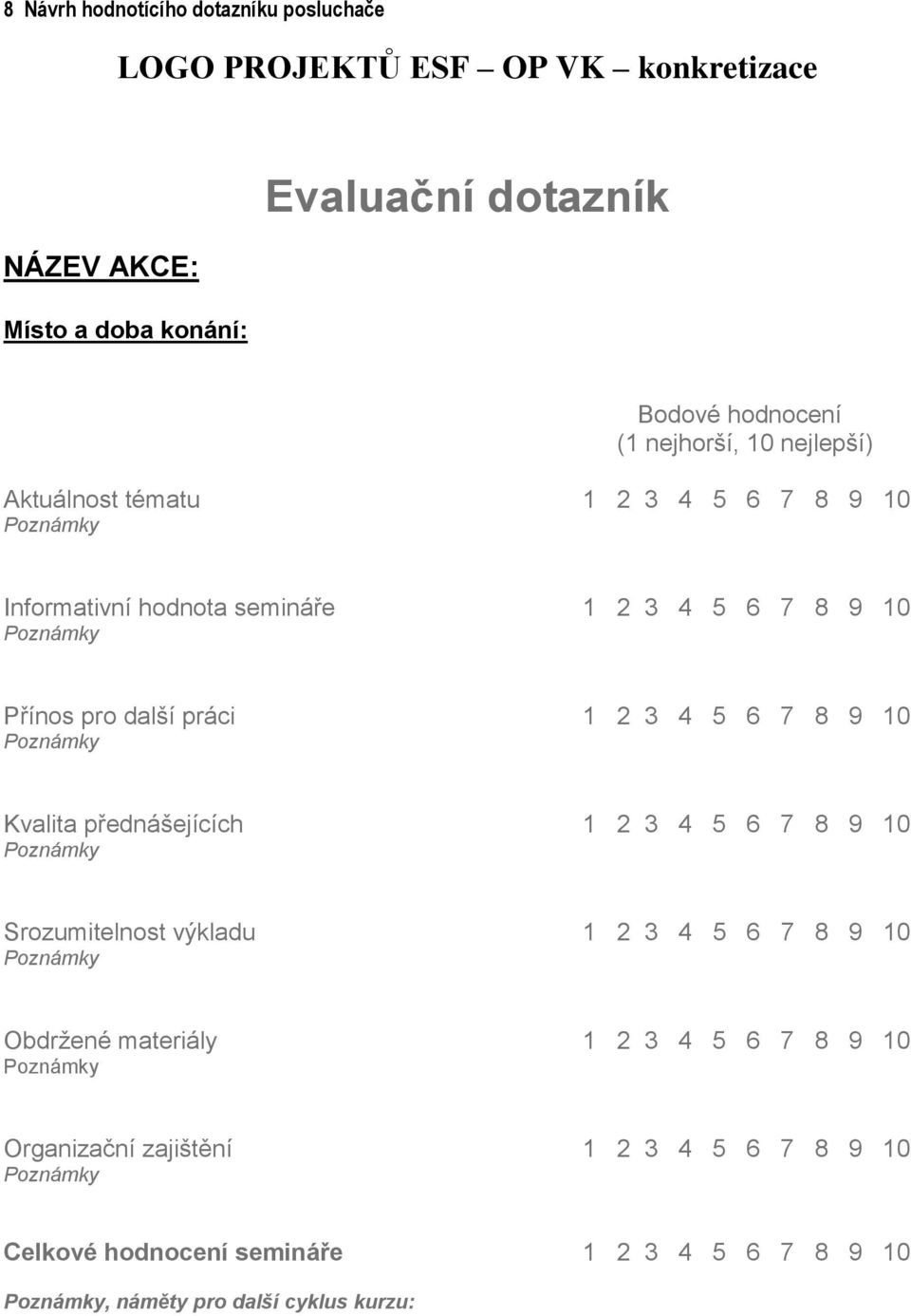 pro další práci 1 2 3 4 6 7 8 9 10 Kvalita přednášejících 1 2 3 4 6 7 8 9 10 Srozumitelnost výkladu 1 2 3 4 6 7 8 9 10 Obdržené