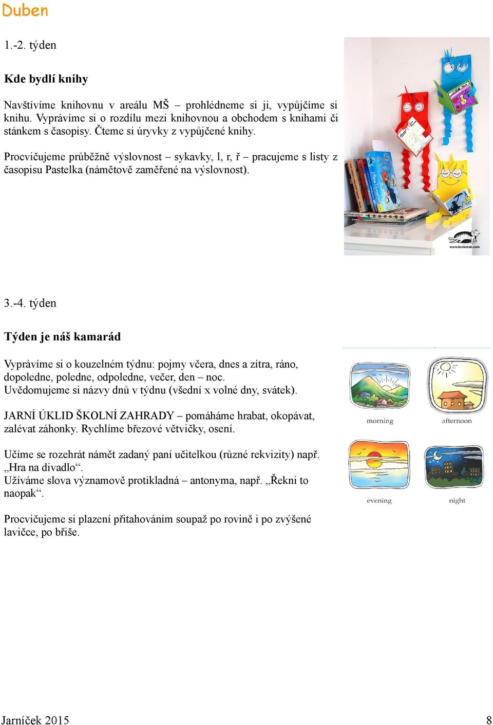 týden Týden je náš kamarád Vyprávíme si o kouzelném týdnu: pojmy včera, dnes a zítra, ráno, dopoledne, poledne, odpoledne, večer, den noc.