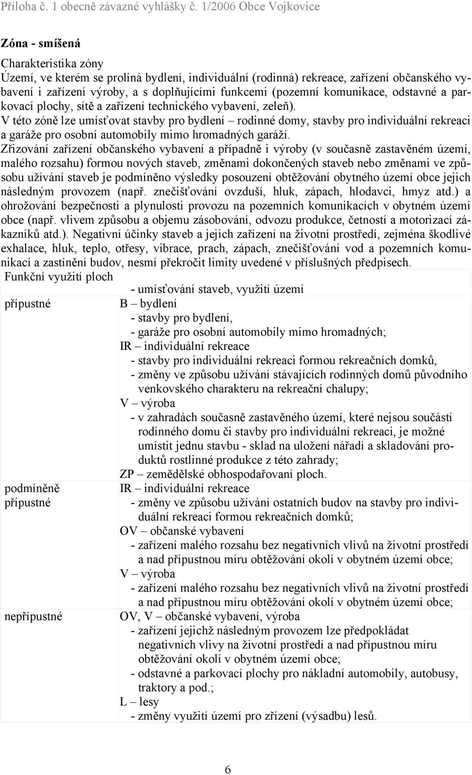 V této zóně lze umísťovat stavby pro bydlení rodinné domy, stavby pro individuální rekreaci a garáže pro osobní automobily mimo hromadných garáží.