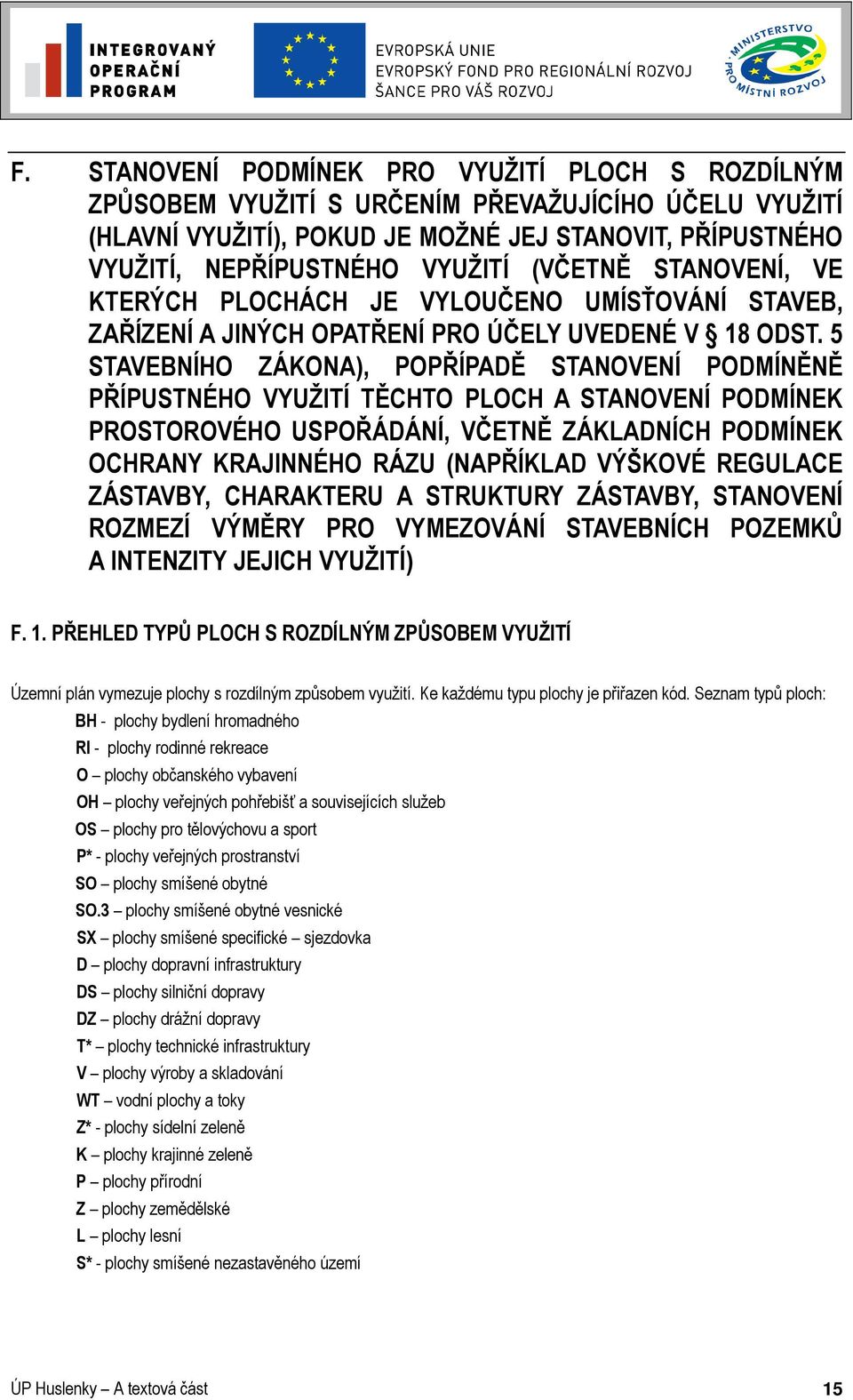 5 STAVEBNÍHO ZÁKONA), POPŘÍPADĚ STANOVENÍ PODMÍNĚNĚ PŘÍPUSTNÉHO VYUŽITÍ TĚCHTO PLOCH A STANOVENÍ PODMÍNEK PROSTOROVÉHO USPOŘÁDÁNÍ, VČETNĚ ZÁKLADNÍCH PODMÍNEK OCHRANY KRAJINNÉHO RÁZU (NAPŘÍKLAD