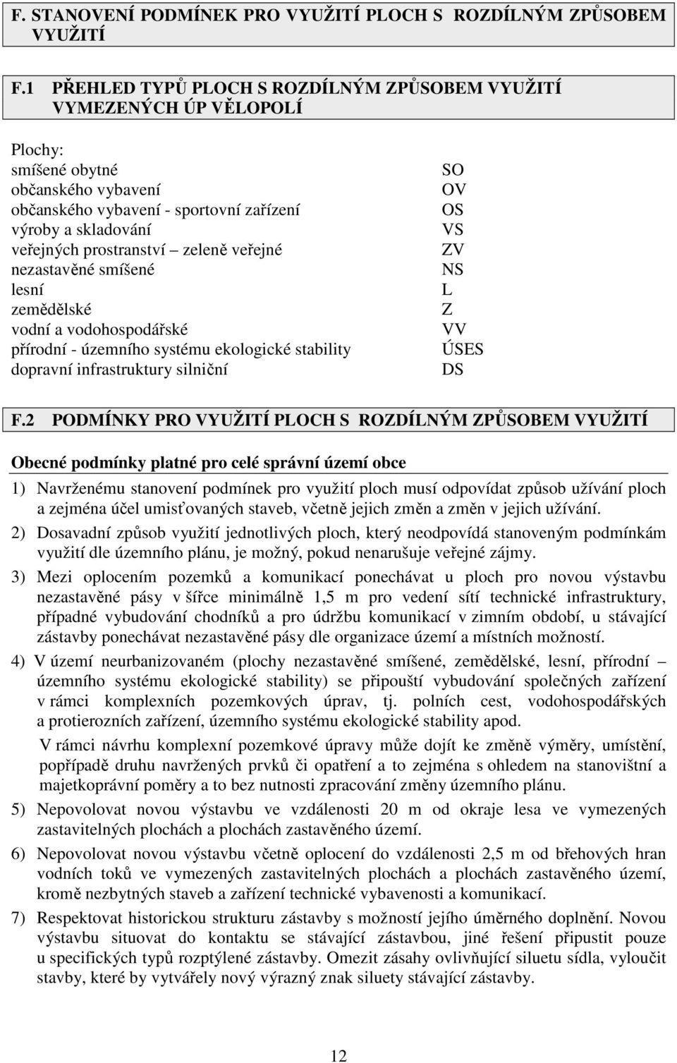 zeleně veřejné nezastavěné smíšené lesní zemědělské vodní a vodohospodářské přírodní - územního systému ekologické stability dopravní infrastruktury silniční SO OV OS VS ZV NS L Z VV ÚSES DS F.