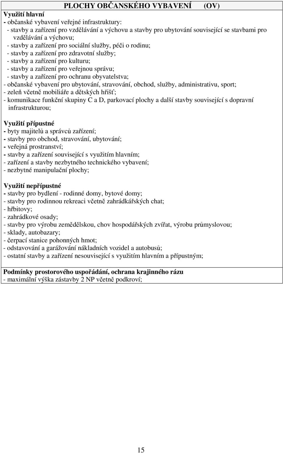 zařízení pro ochranu obyvatelstva; - občanské vybavení pro ubytování, stravování, obchod, služby, administrativu, sport; - zeleň včetně mobiliáře a dětských hřišť; - komunikace funkční skupiny C a D,