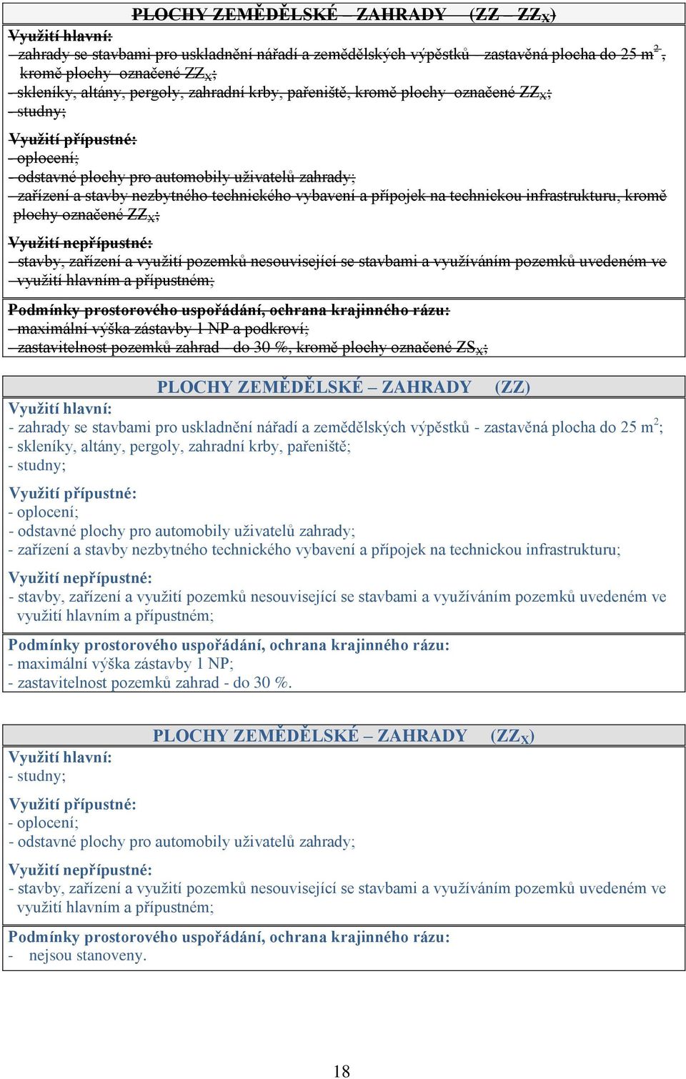 vybavení a přípojek na technickou infrastrukturu, kromě plochy označené ZZ X ; Využití nepřípustné: - stavby, zařízení a využití pozemků nesouvisející se stavbami a využíváním pozemků uvedeném ve