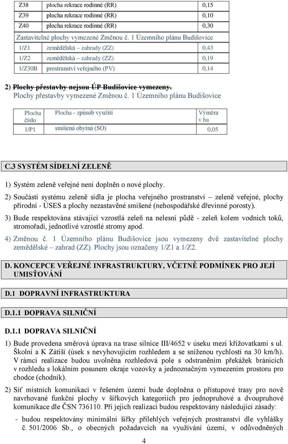 Plochy přestavby vymezené Změnou č. 1 Územního plánu Budišovice Plocha číslo Plocha - způsob využití Výměra v ha 1/P1 smíšená obytná (SO) 0,05 C.